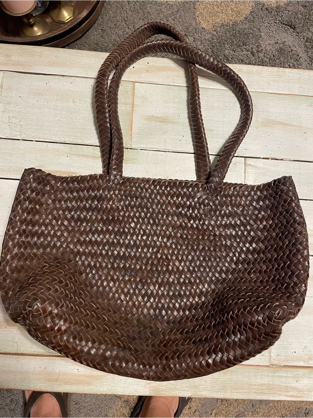 Classic Woven Leather Tote Bag - Brown
